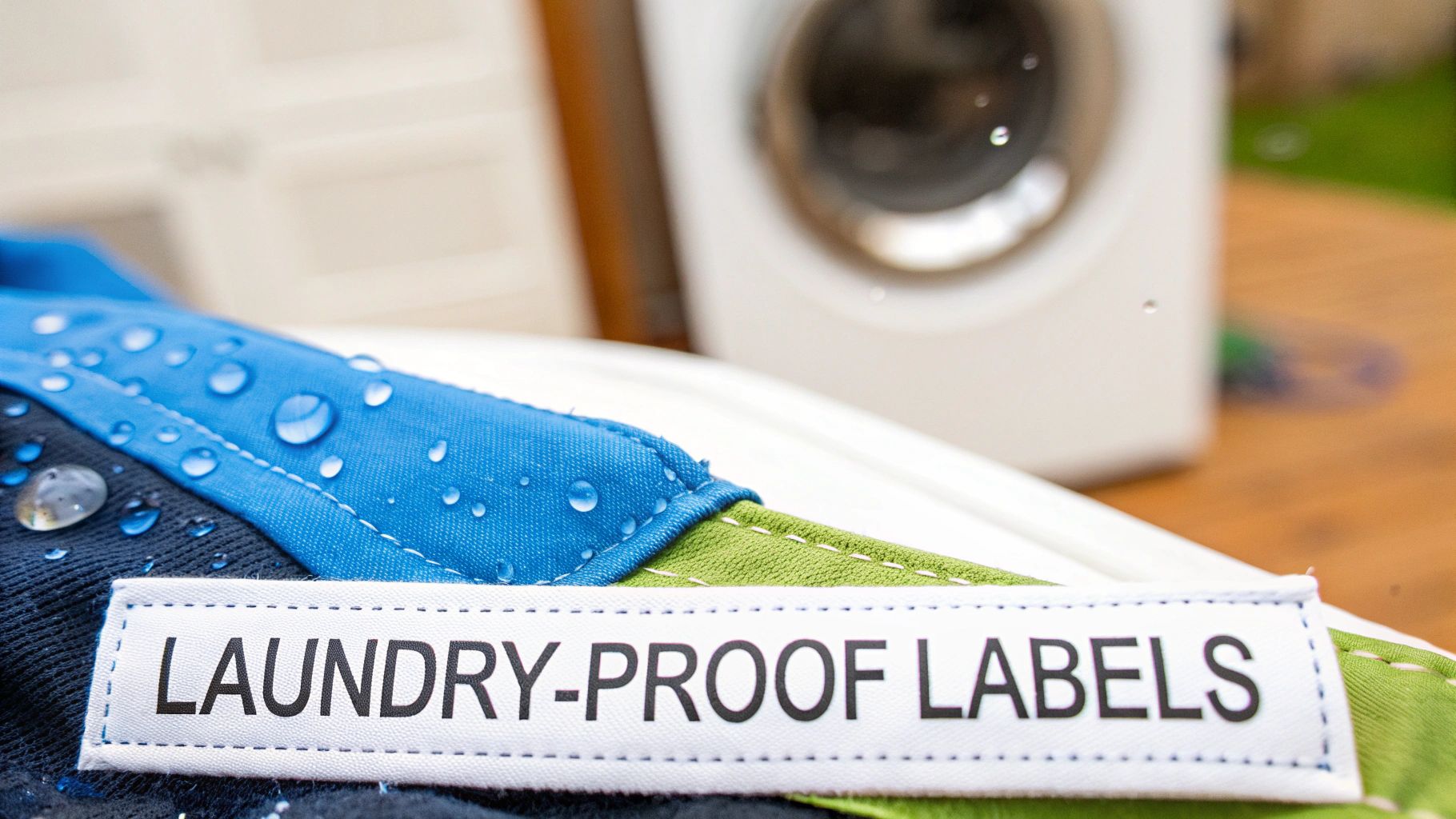 White 'LAUNDRY-PROOF LABELS' tag on water-resistant blue fabric with droplets, a washing machine blurred in the background.