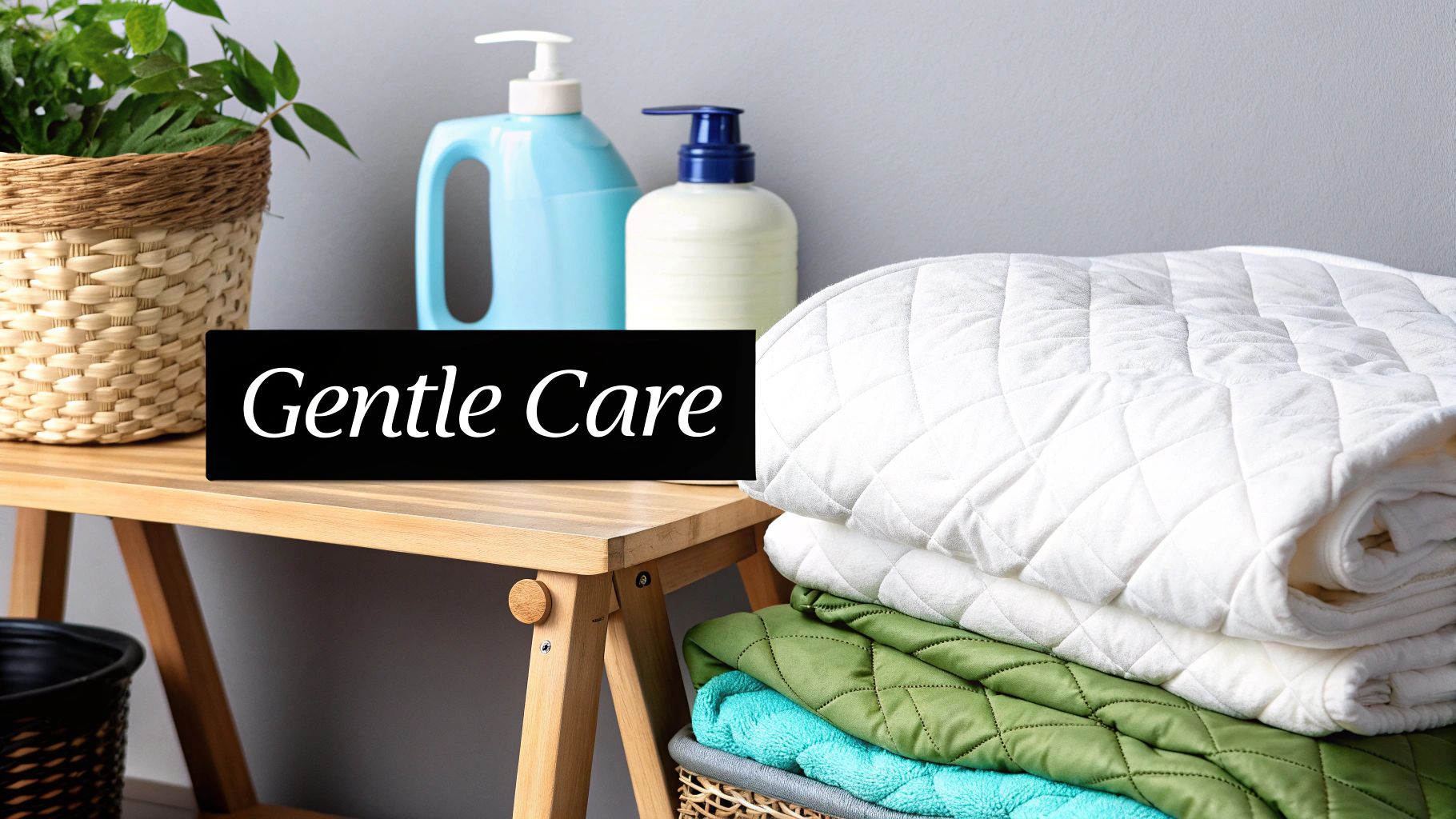 A 'Gentle Care' sign on a wooden shelf next to laundry detergents and folded quilted blankets.