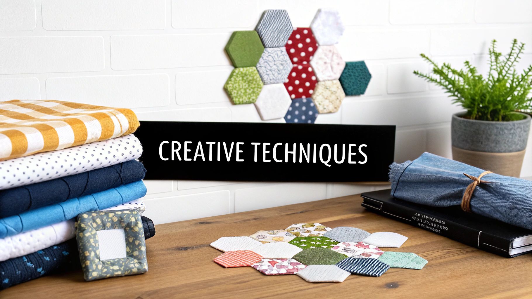 A tabletop with stacked fabrics, hexagonal quilt pieces, a small frame, and a 'CREATIVE TECHNIQUES' sign.