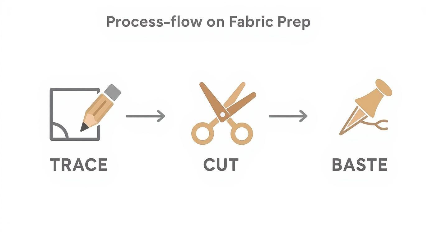 Three-step fabric preparation process flow diagram showing trace, cut, and baste steps for sewing