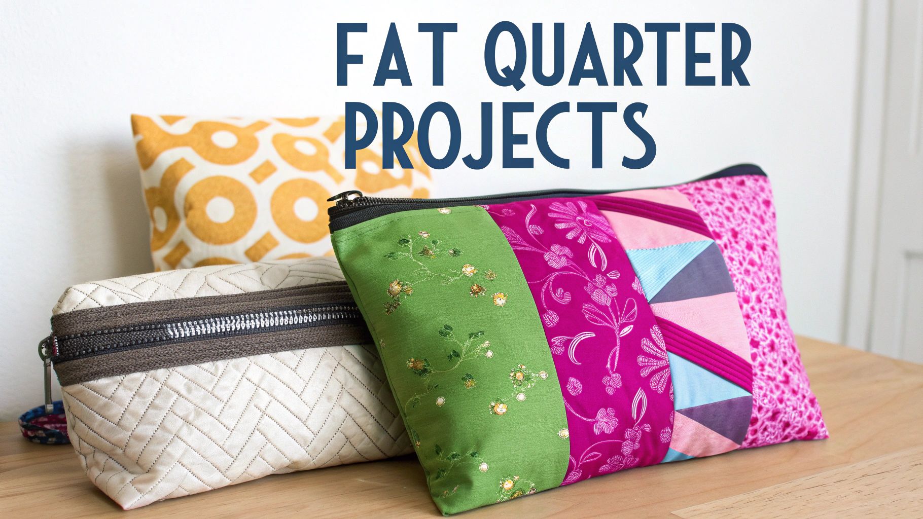 Three colorful quilted pouches and a patterned pillow on a wooden table, labeled 'FAT QUARTER PROJECTS'.