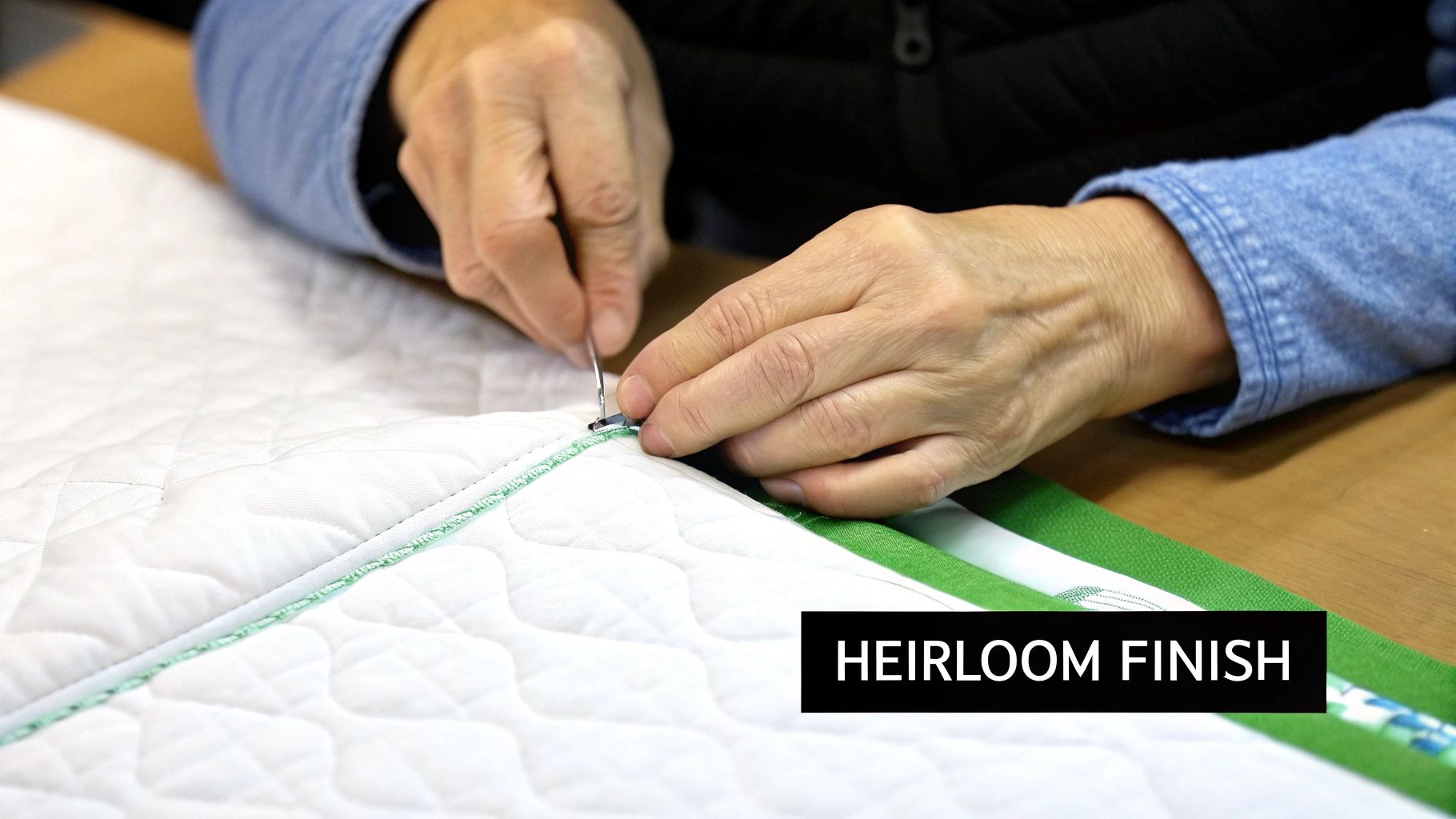 Close-up of hands hand-sewing green binding onto a white quilted blanket, ensuring an heirloom finish.