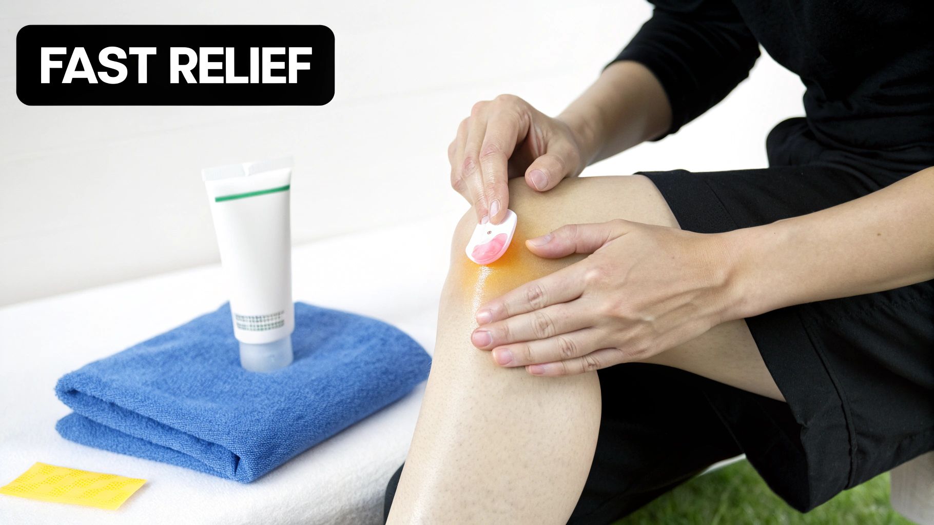 Person applying a small device to a knee with a visible glow, next to a cream tube and towel for fast relief.