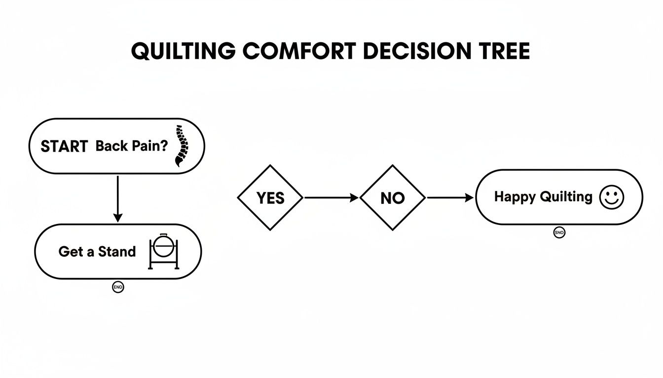 Flowchart for quilting comfort: if back pain, get a stand; otherwise, happy quilting.
