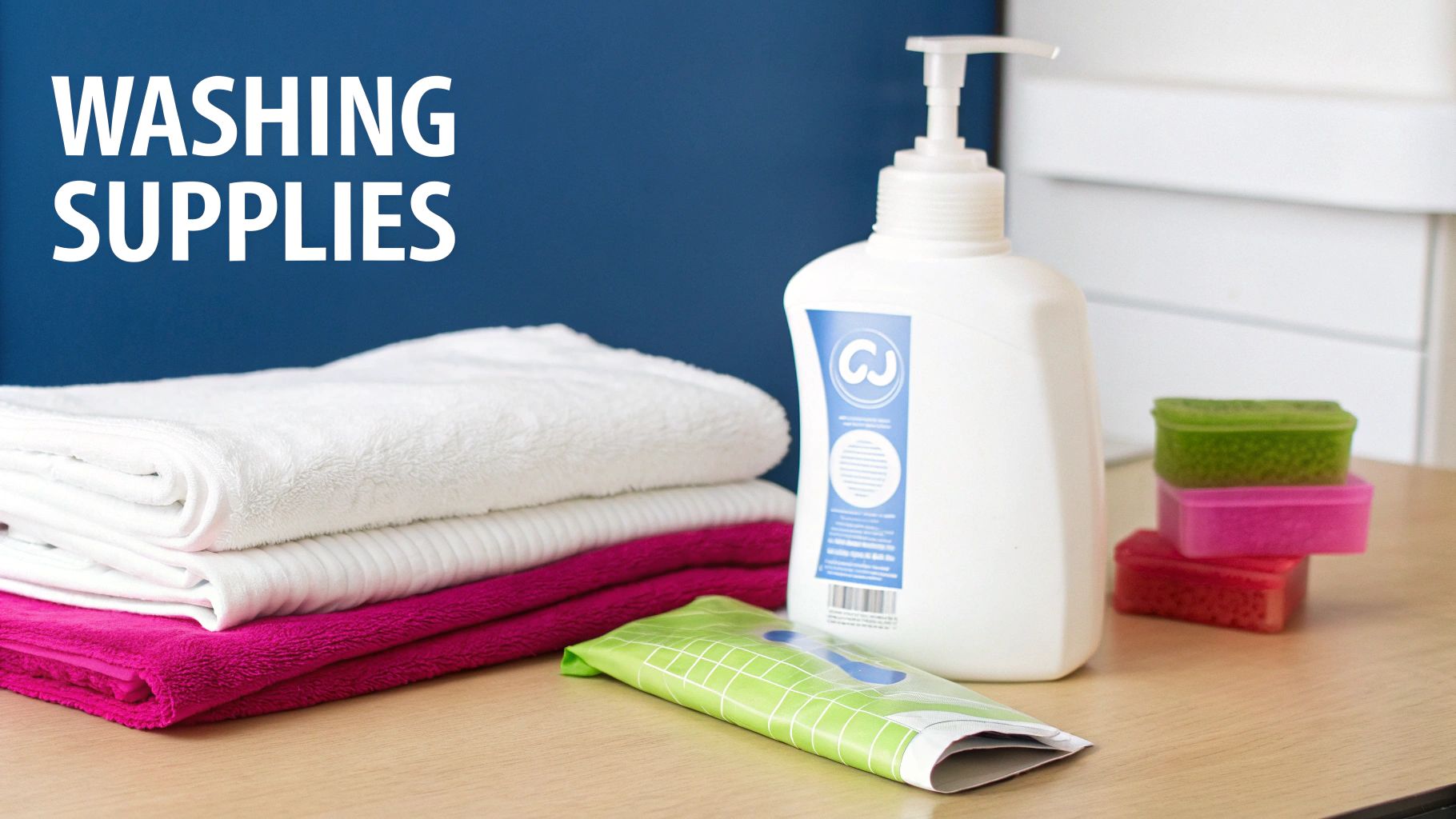 A collection of washing supplies including stacked clean white and pink towels, liquid soap, and sponges on a wooden surface.