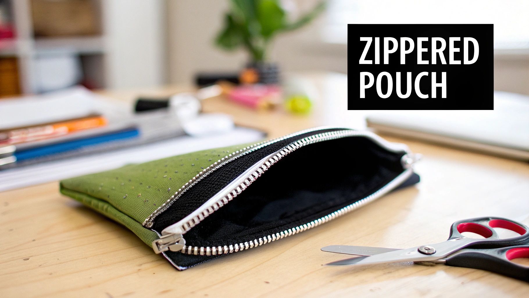 A green zippered pouch with a silver zipper on a wooden desk, surrounded by craft supplies.