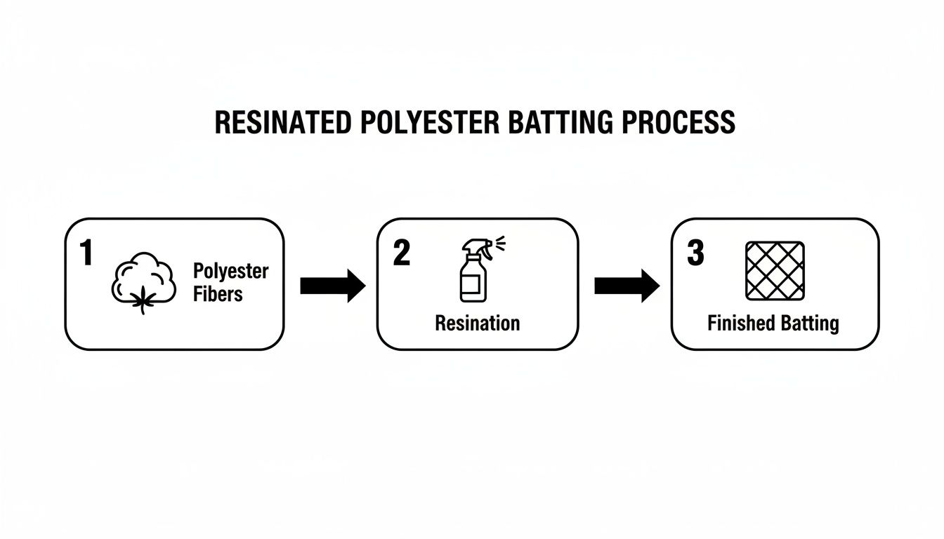 Diagram illustrating the three-step resinated polyester batting process, from raw fibers to the finished batting product.
