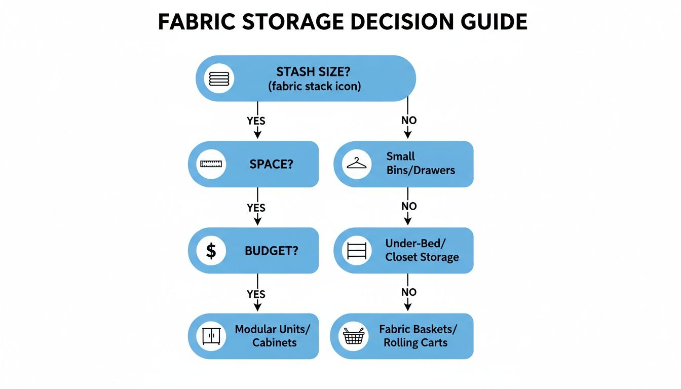 A fabric storage decision guide flowchart, offering solutions based on stash size, space, and budget.