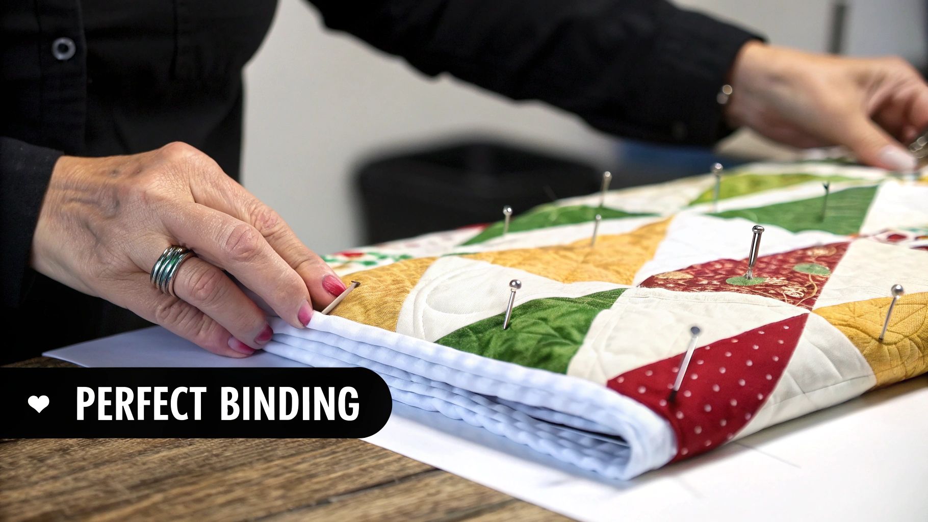 A person's hands carefully bind the edge of a colorful patchwork quilt, secured with pins.