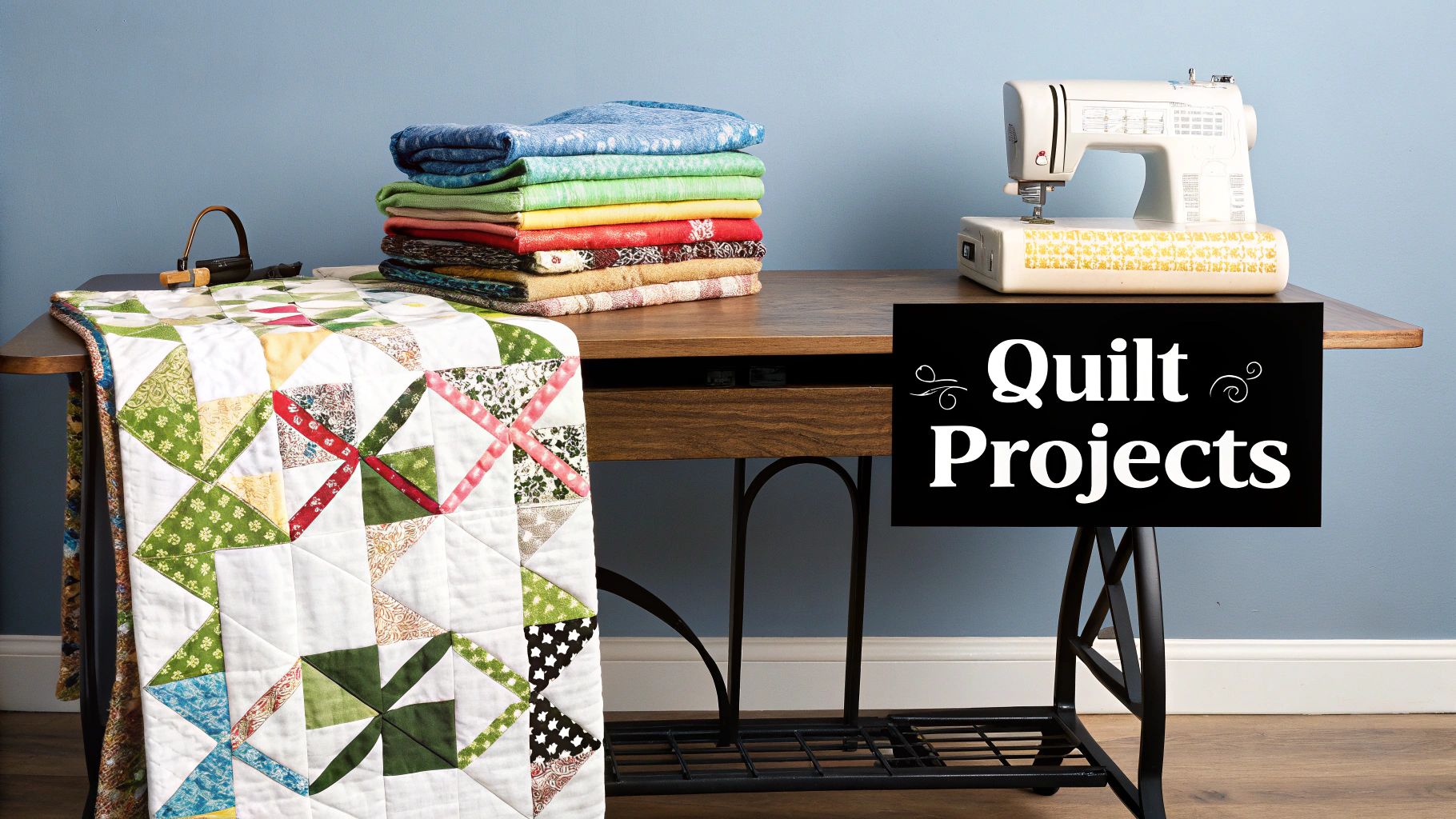 A sewing machine, stack of colorful fabrics, and a partially unfolded quilt on a wooden table.