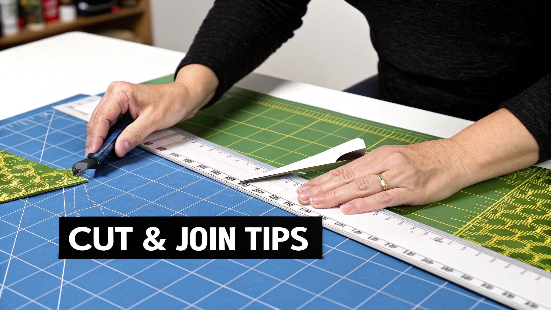 A person uses a rotary cutter and ruler to precisely cut green patterned fabric on a blue cutting mat.