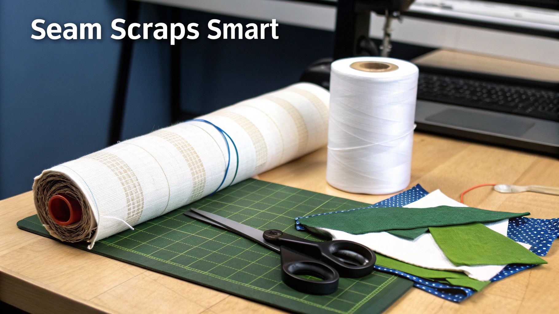 Sewing supplies on a wooden desk: rolled fabric, thread spool, scissors, mat, and fabric scraps.