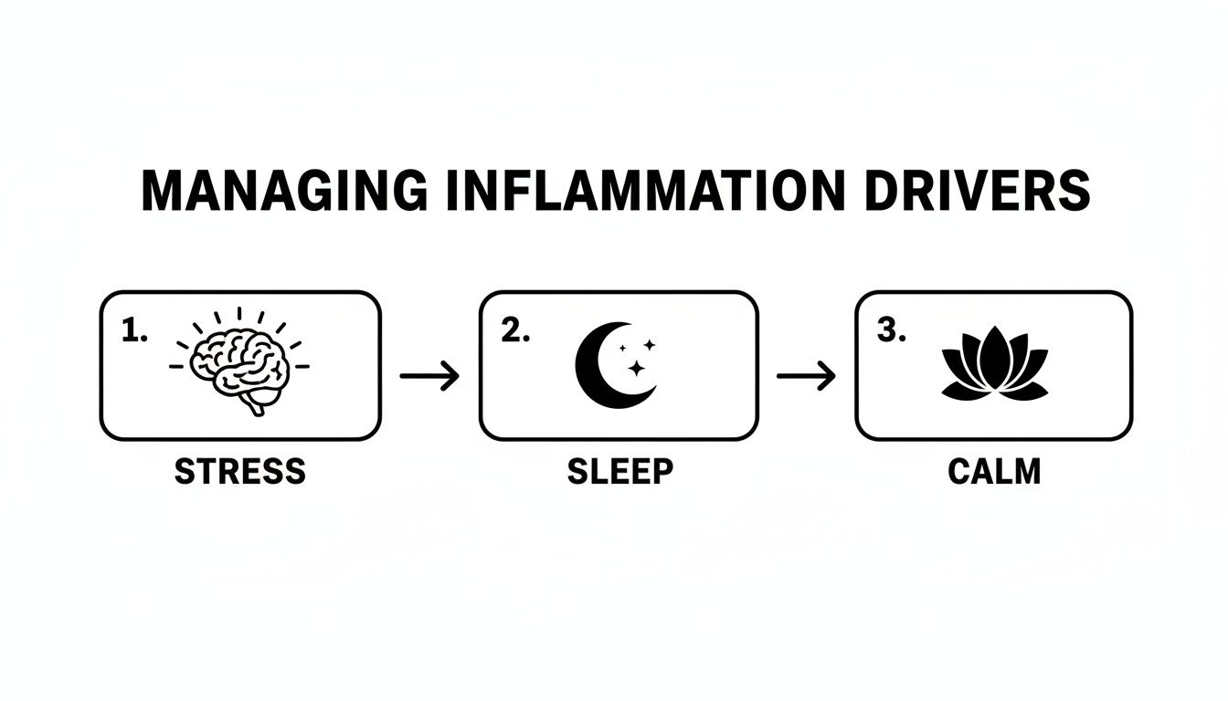 A flowchart titled 'Managing Inflammation Drivers' showing a progression from Stress to Sleep to Calm.