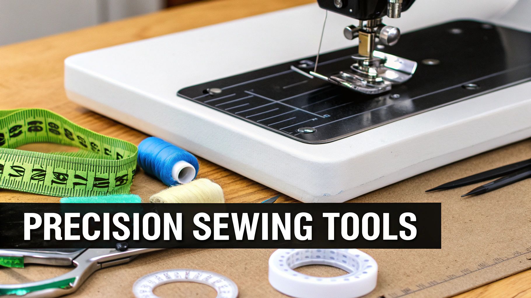 Various sewing tools including tailor's chalk, rulers, and a magnetic seam guide laid out on a cutting mat.