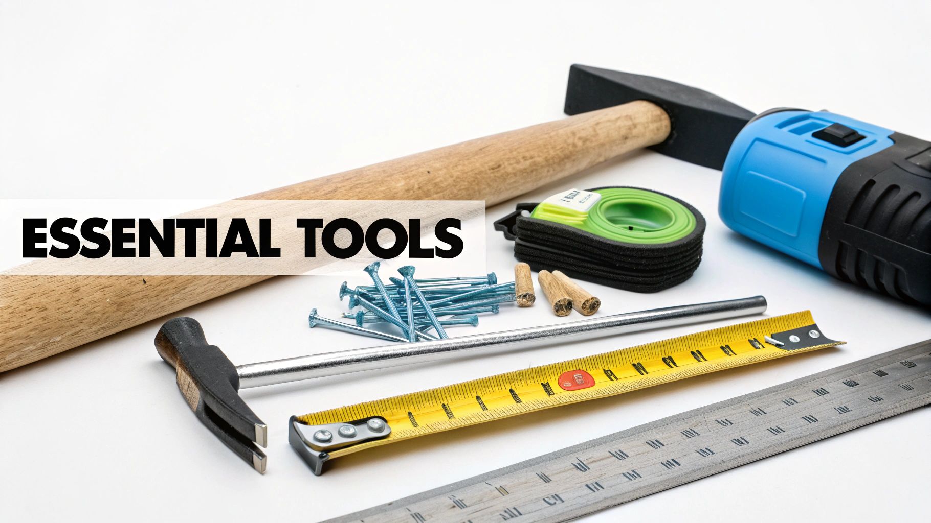 A collection of essential tools including hammers, nails, tape measure, and a drill on a white background.