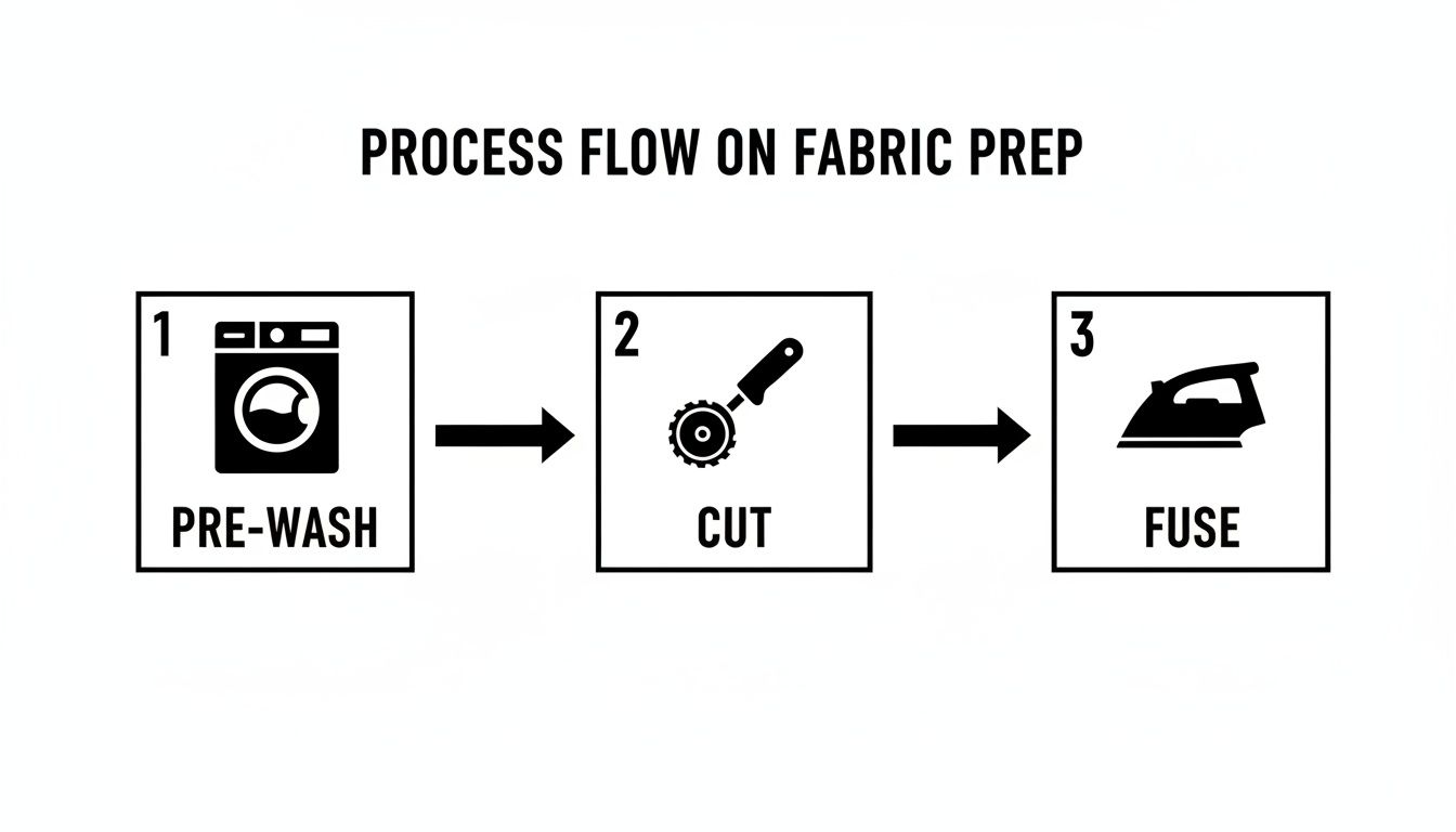 Diagram illustrating the three steps of fabric preparation: pre-wash, cut, and fuse.