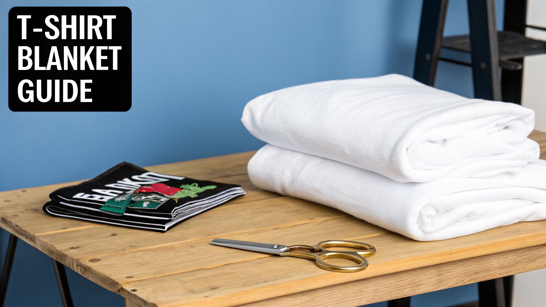 Crafting supplies on a wooden table, including folded white fabric, a patterned textile, and gold scissors for a T-shirt blanket project.