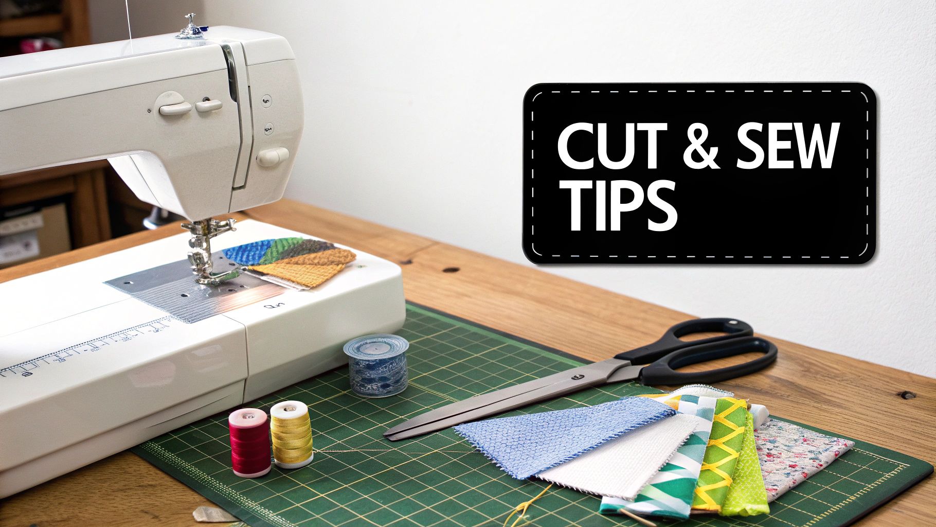 A sewing machine, colorful fabric scraps, thread, and scissors on a table with a "CUT & SEW TIPS" sign.