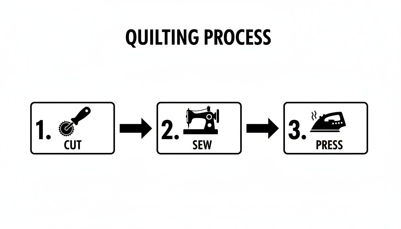 Visual guide to the quilting process: cut, sew, and press, shown with corresponding tools.