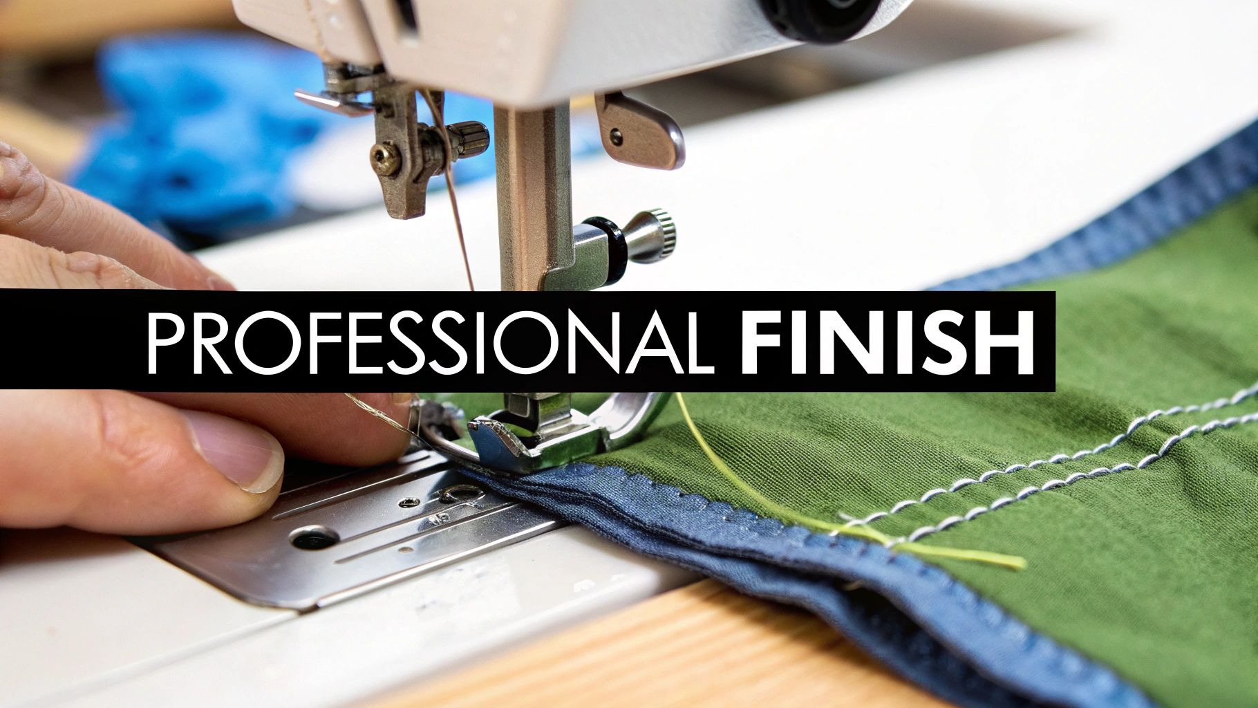 A person's hand guides green fabric under a sewing machine needle, with "PROFESSIONAL FINISH" overlaid.