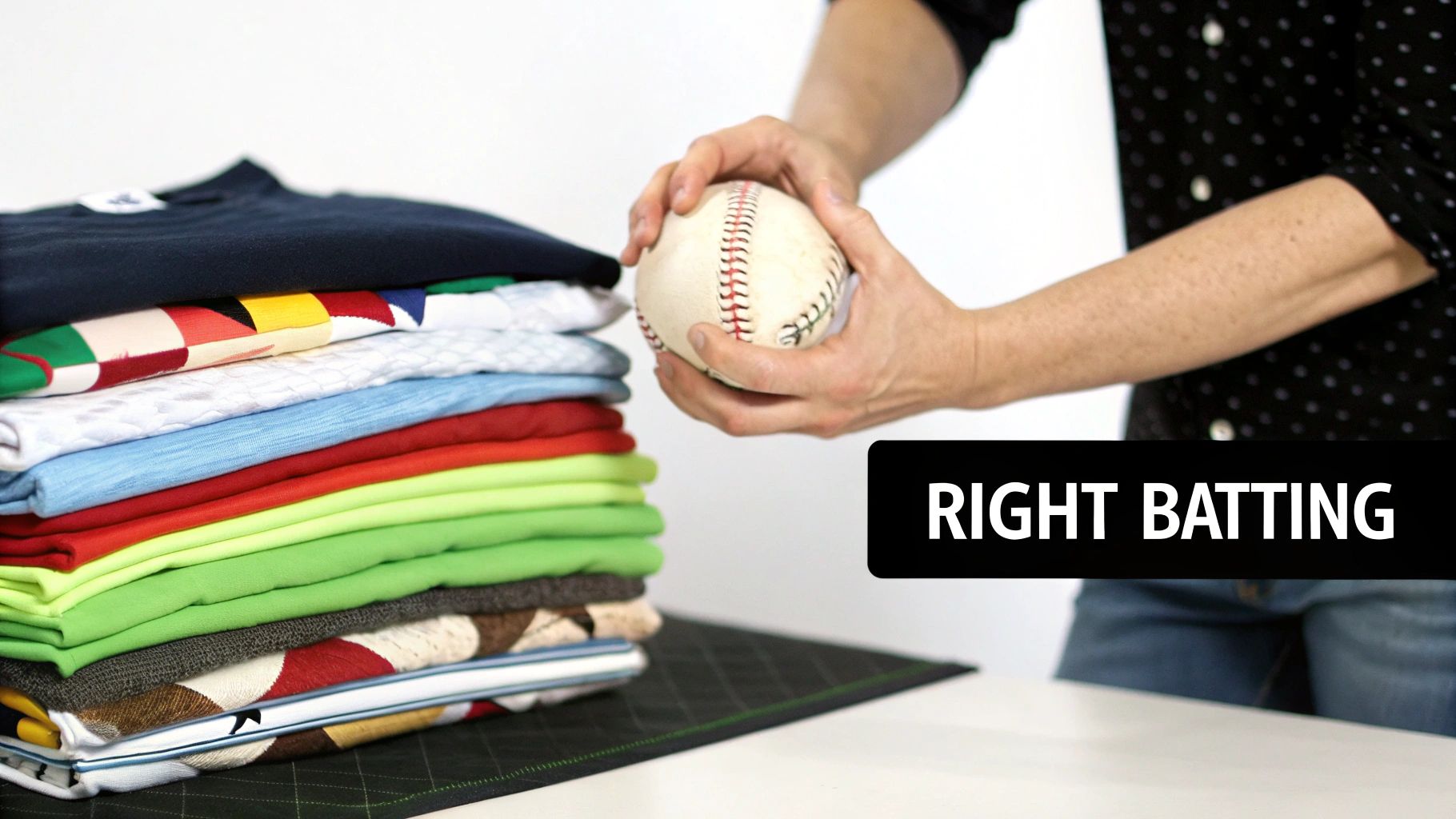 A person holds a baseball next to a stack of colorful, folded t-shirts or fabric, labeled 'RIGHT BATTING'.