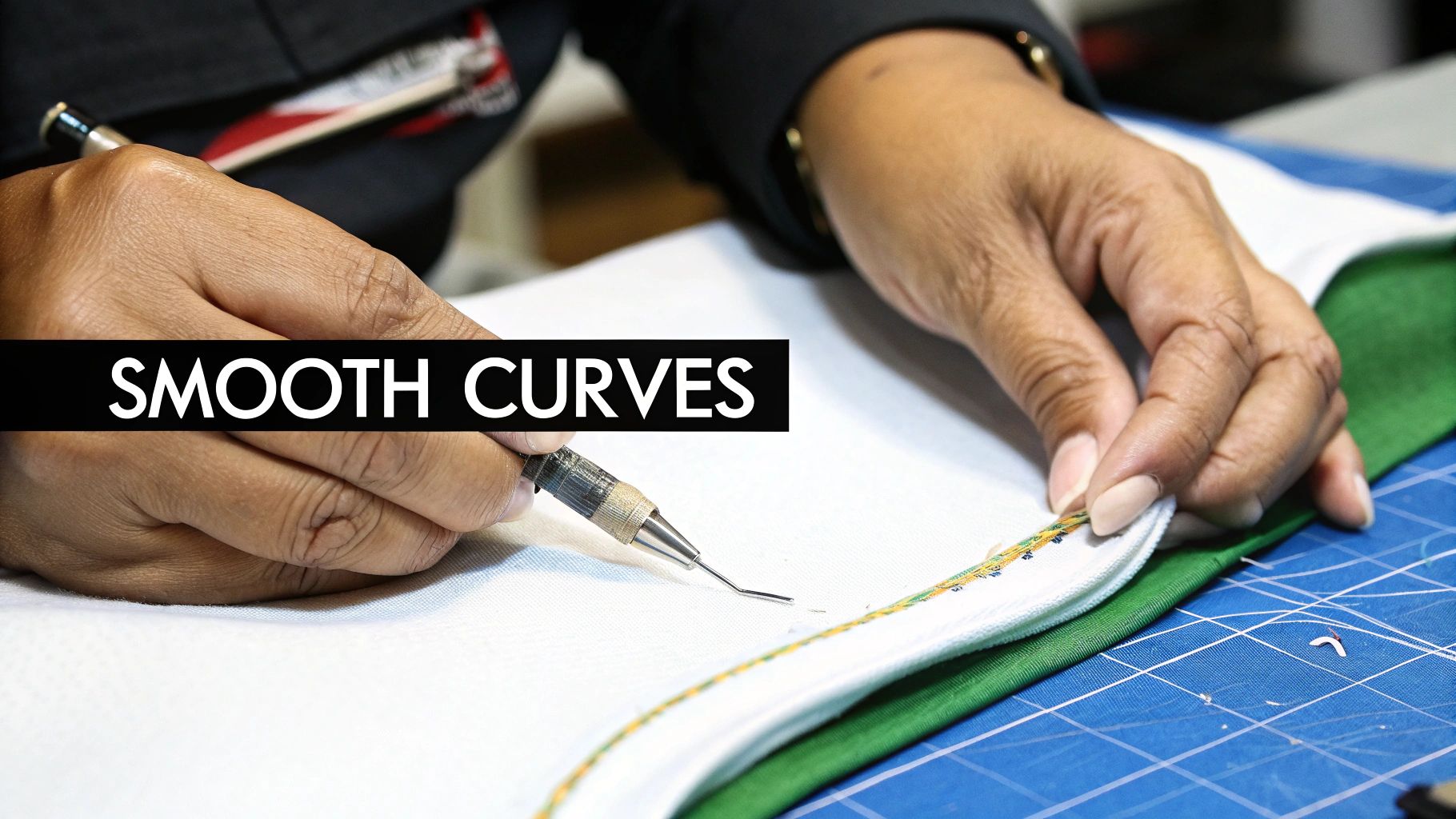 Close-up of hands using a precision tool on white fabric with an embroidered edge, next to green fabric.