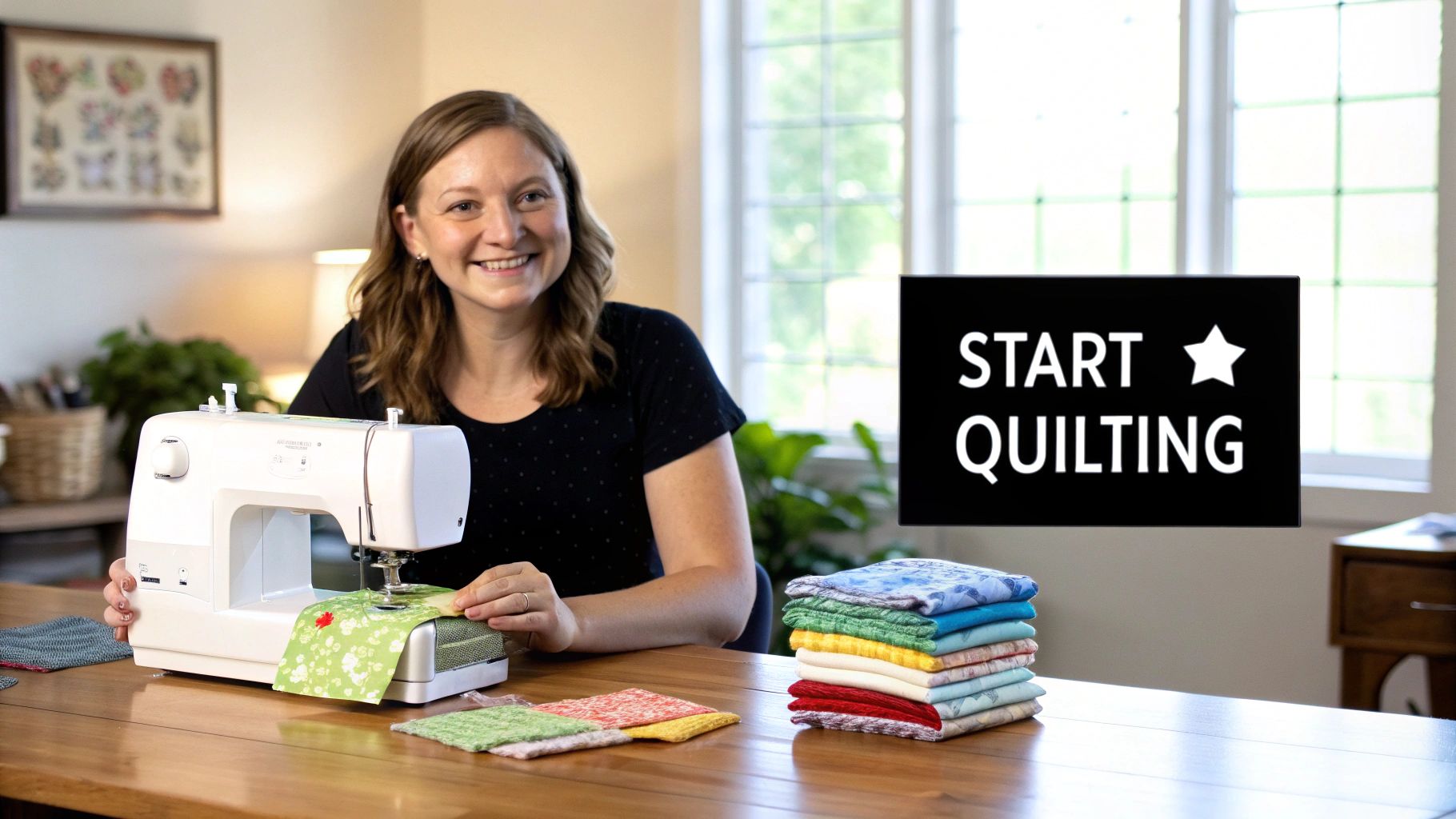 A smiling woman quilts on a sewing machine, surrounded by colorful fabric and a 'START QUILTING' sign.