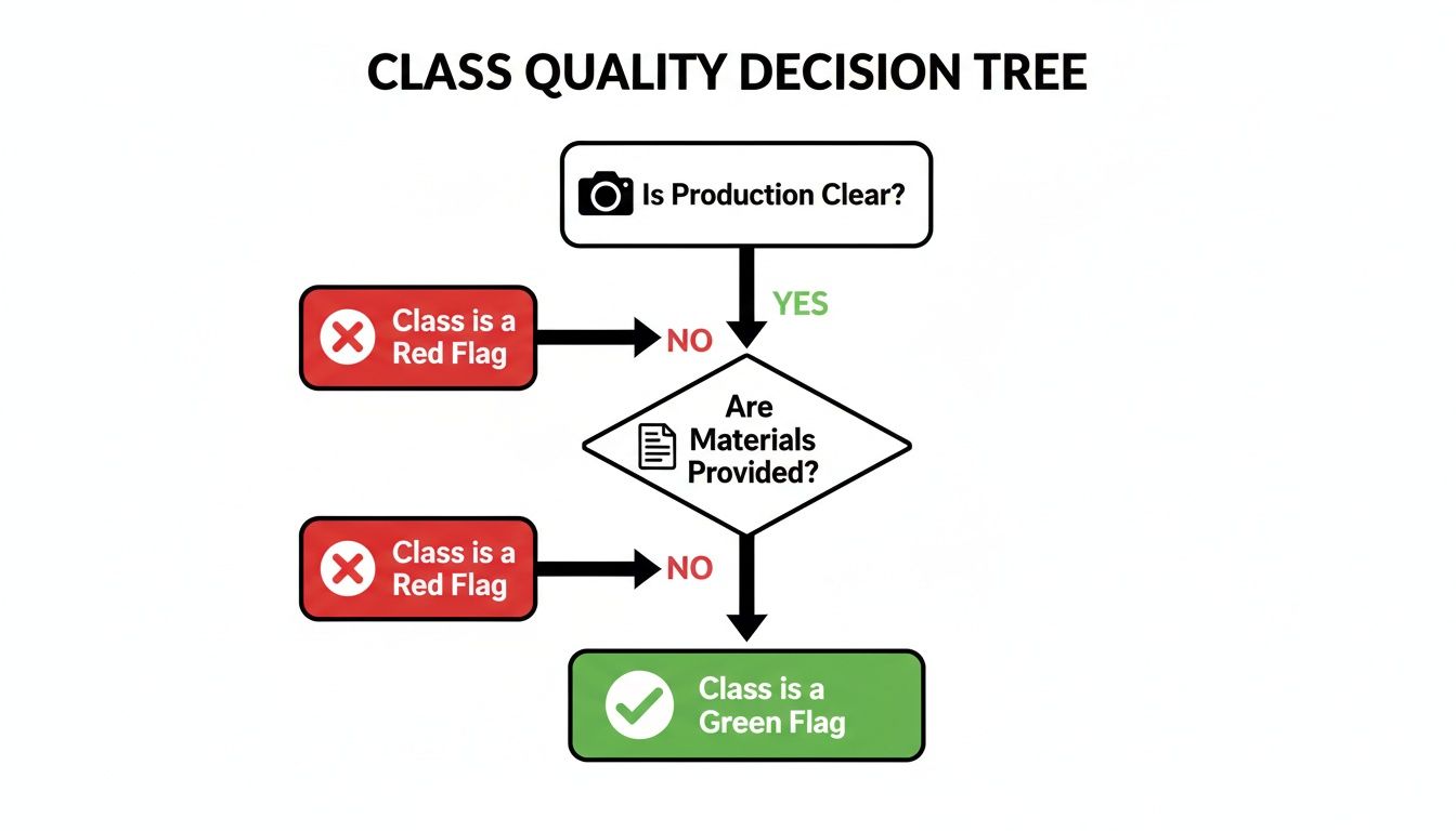 A flowchart illustrates a class quality decision tree, assessing production clarity and material provision.