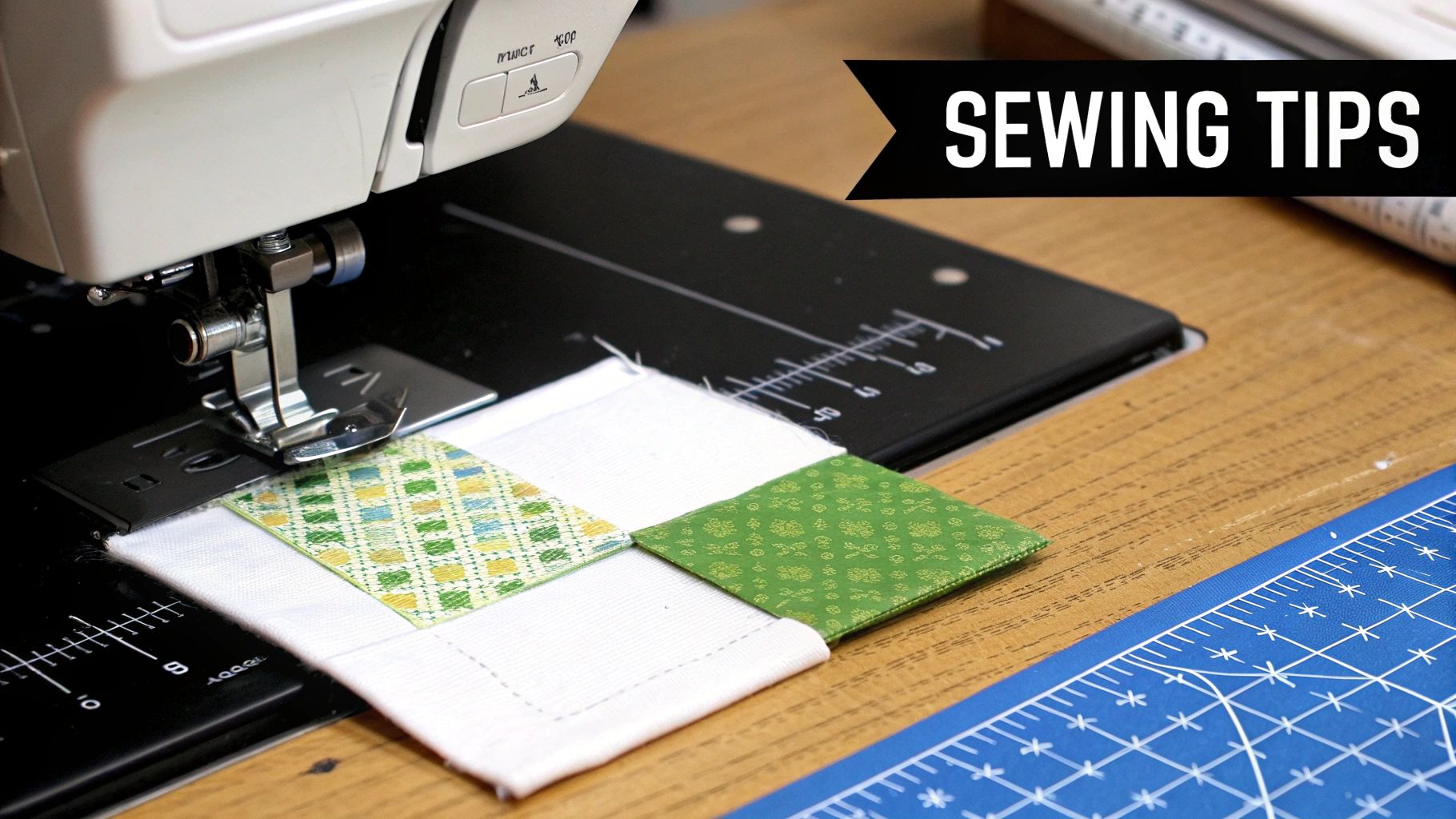 A sewing machine stitching together green and white fabric squares with a 'SEWING TIPS' banner.