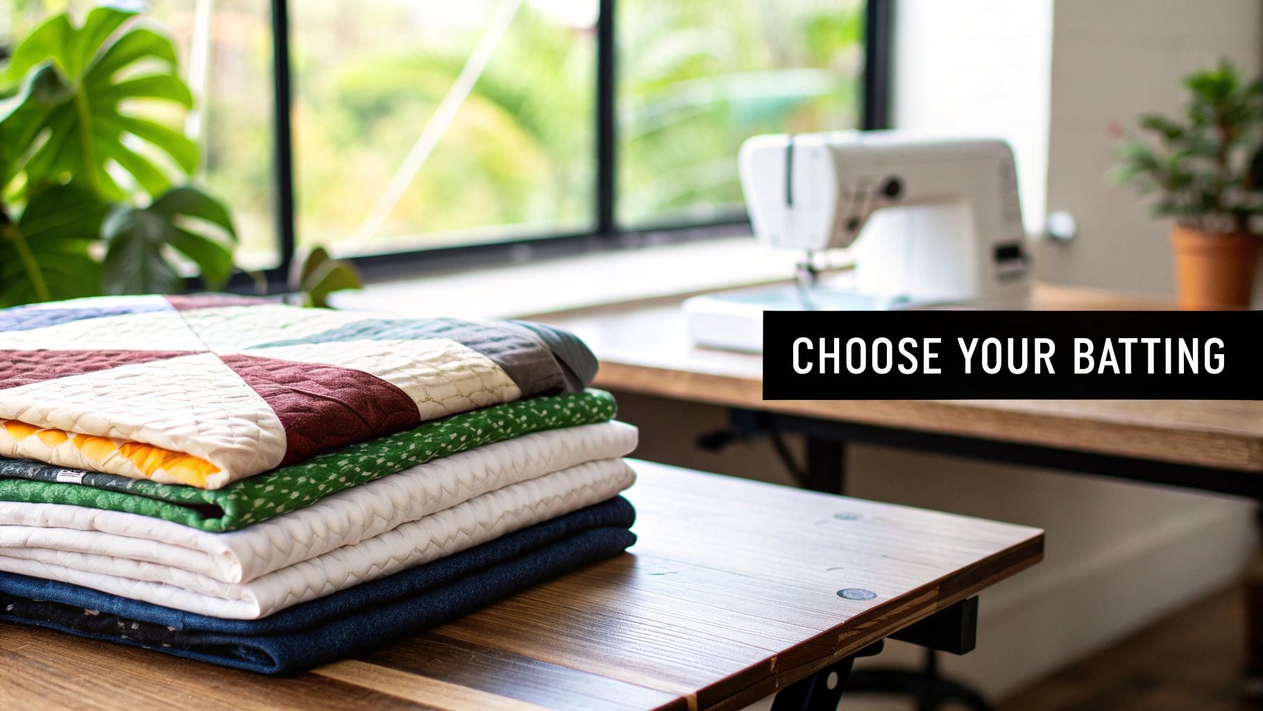 Stack of colorful quilted fabrics on a table with a sewing machine. Text: Choose Your Batting.