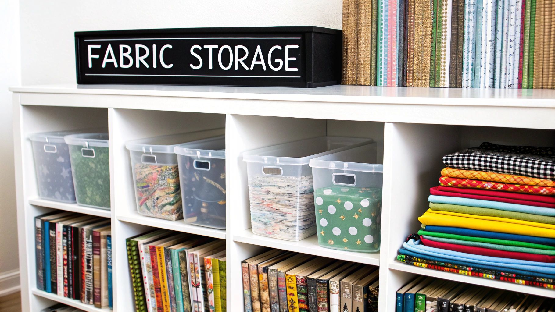 A white shelf unit with a 'FABRIC STORAGE' sign, clear bins filled with textiles, books, and stacked colorful fabrics.