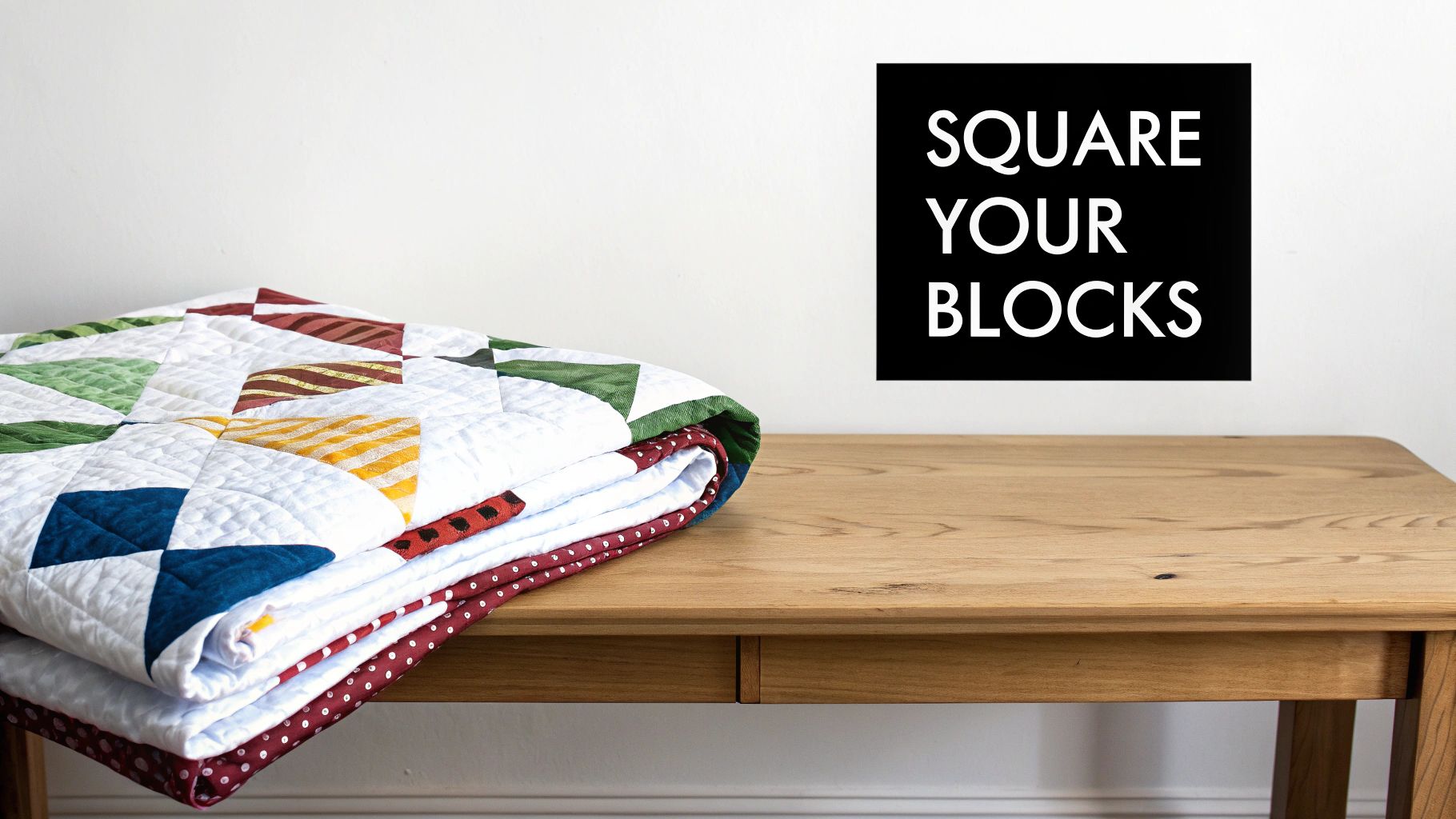A quilter carefully squaring up a colorful quilt block on a cutting mat.