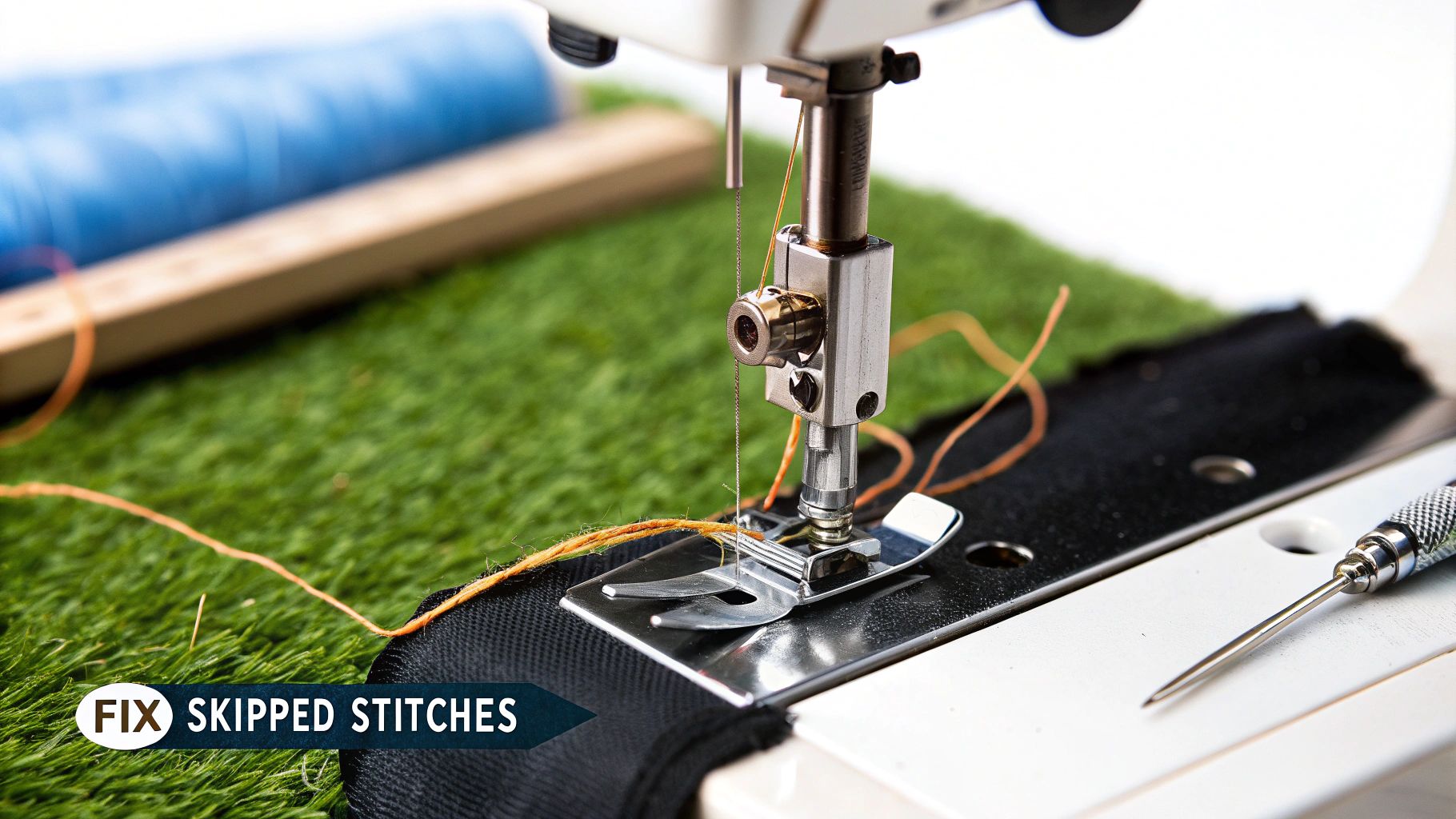 A sewing machine with a walking foot installed, showing a neatly stitched piece of fabric.