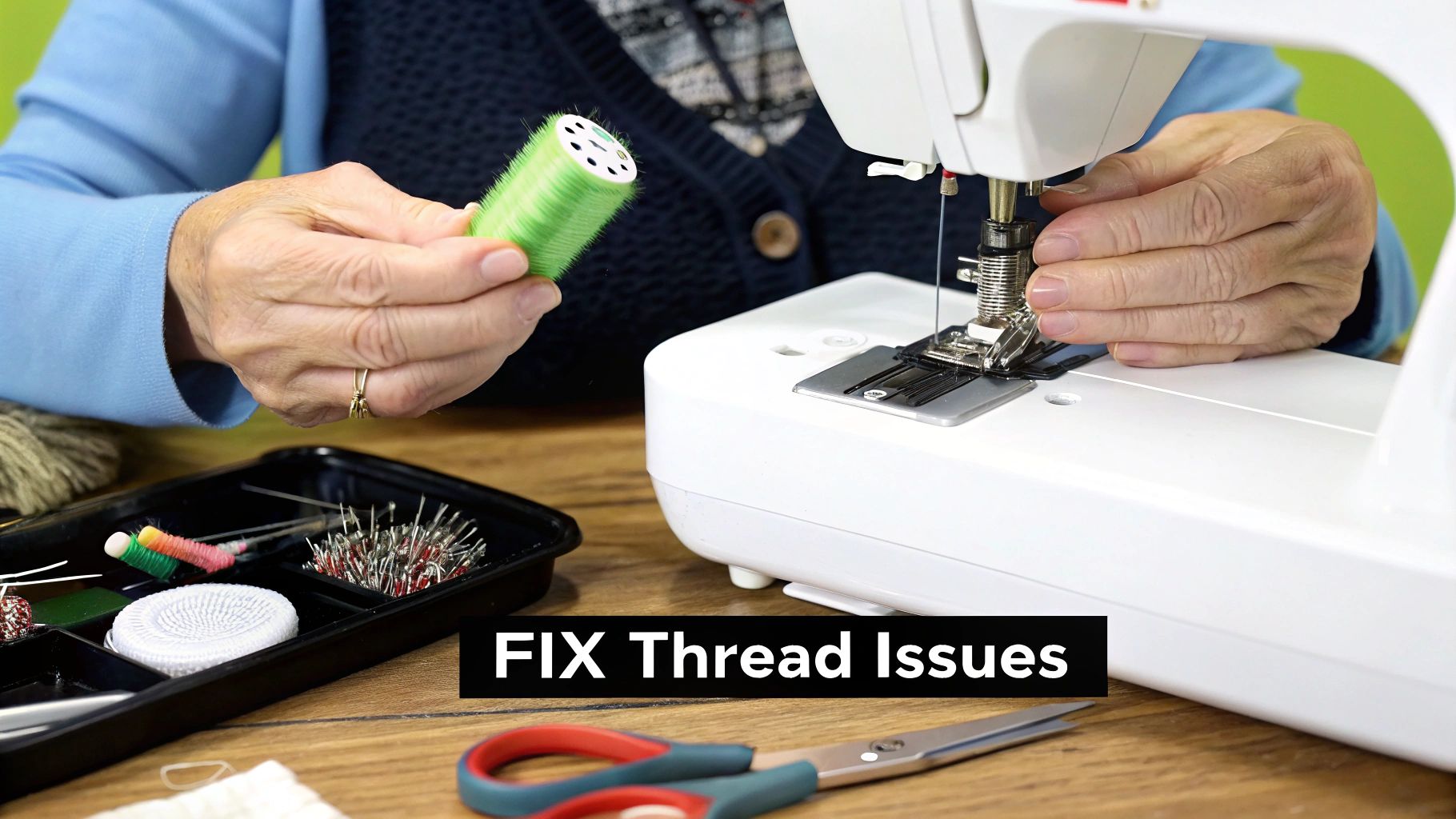 Close-up of hands working with a white sewing machine, holding green thread near sewing tools.