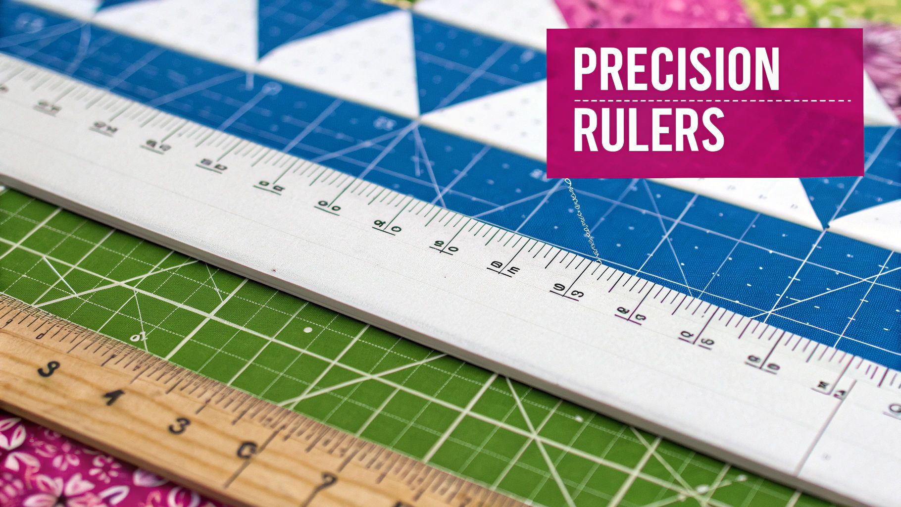 A quilter using a long acrylic ruler and a rotary cutter to precisely cut a stack of blue and white patterned fabric.