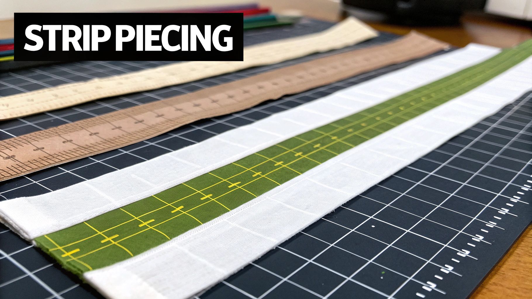 Fabric strips in white, brown, and a green grid pattern are laid out on a black cutting mat, ready for strip piecing.