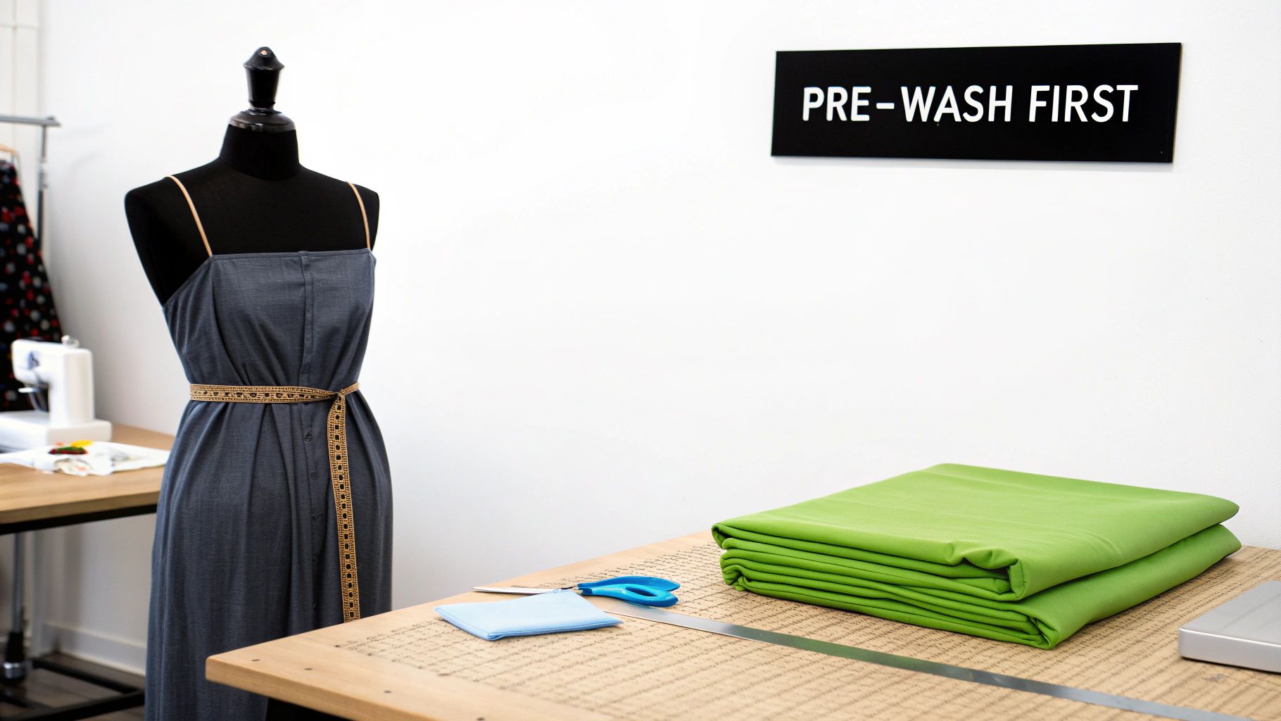 Sewing room with mannequin, green fabric, scissors, and a 'PRE-WASH FIRST' sign.