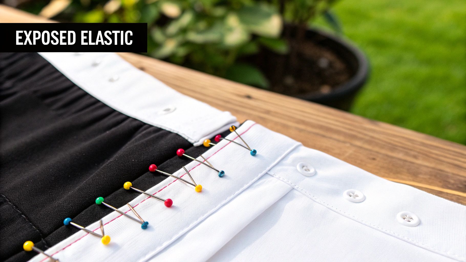 Colorful sewing pins holding black and white fabric for an exposed elastic waistband, ready for sewing.