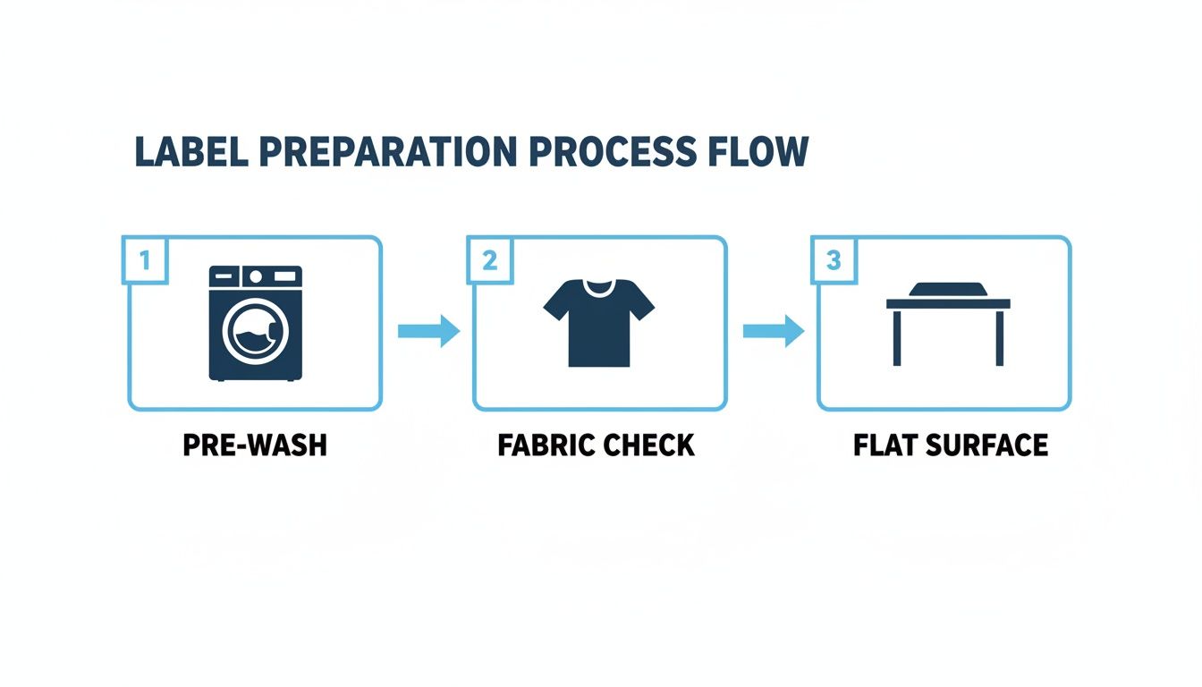 A process flow diagram outlining three steps for label preparation: pre-wash, fabric check, and flat surface.