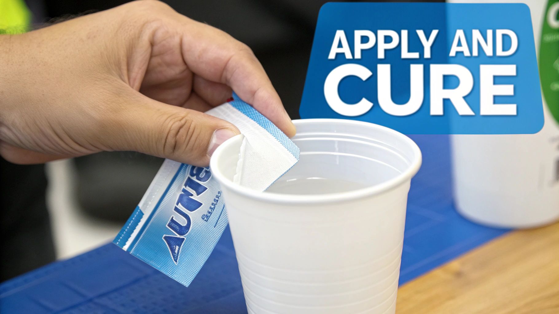 A hand pours contents from a blue sachet labeled "AUTISM" into a white cup of liquid, with a "APPLY AND CURE" banner visible.