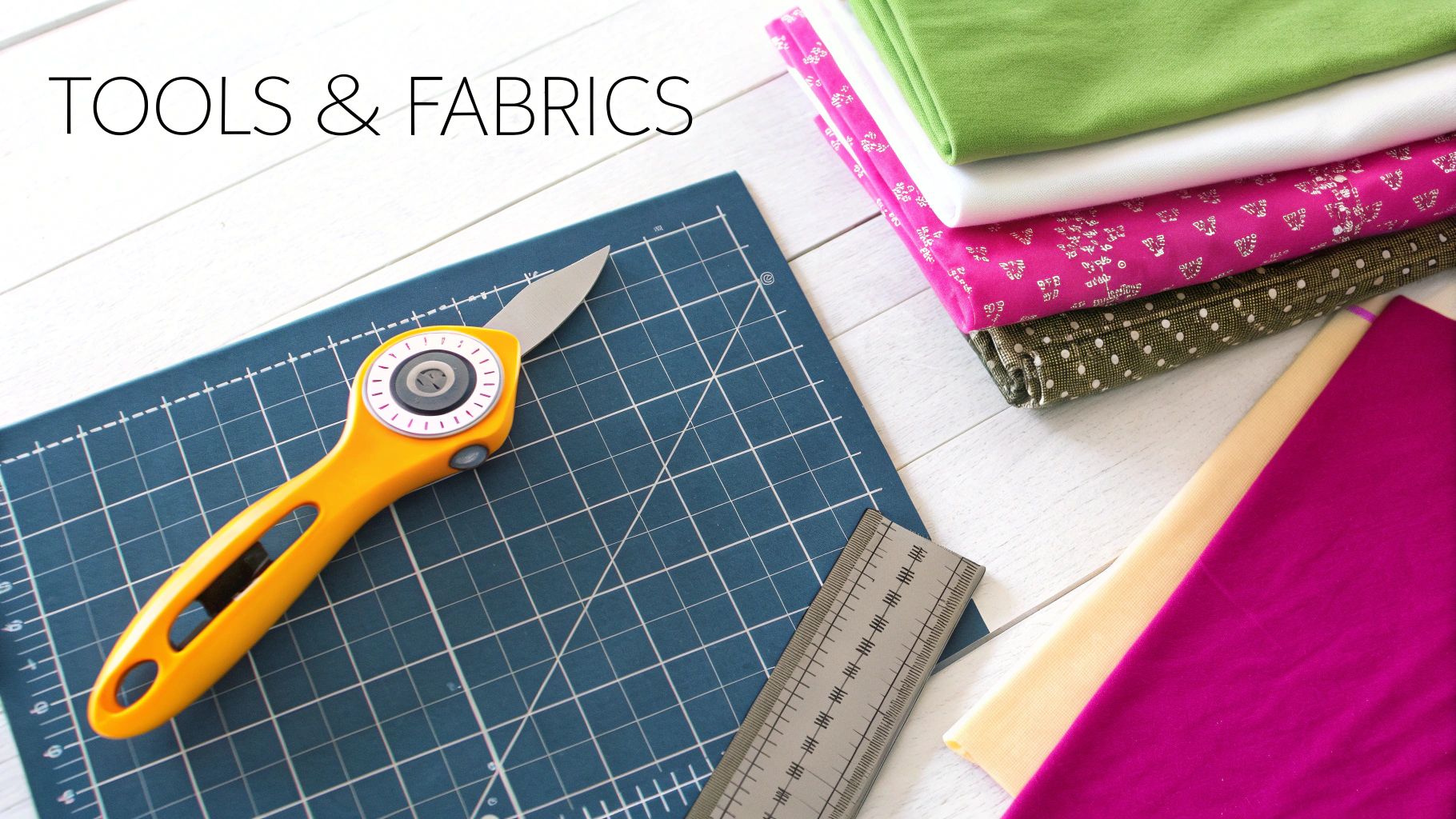 A collection of quilting tools and colorful fabrics laid out on a cutting mat.