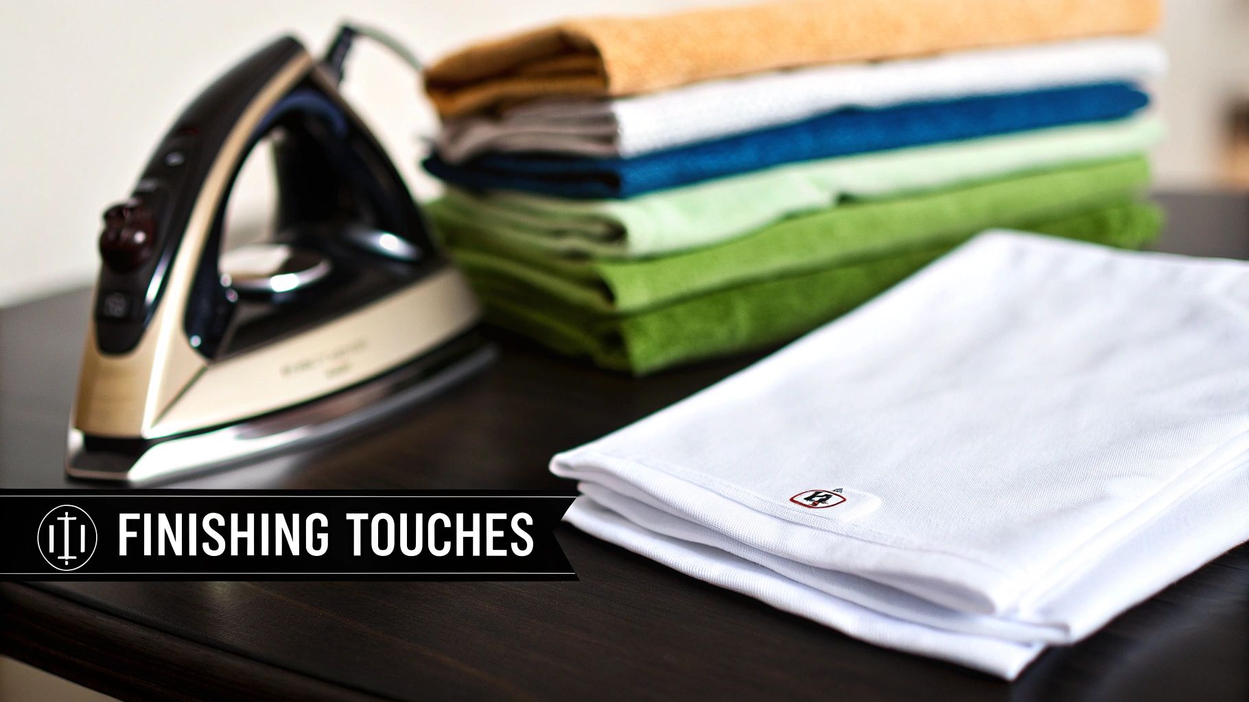 An iron sits next to a stack of clean, colorful towels and a white folded napkin.