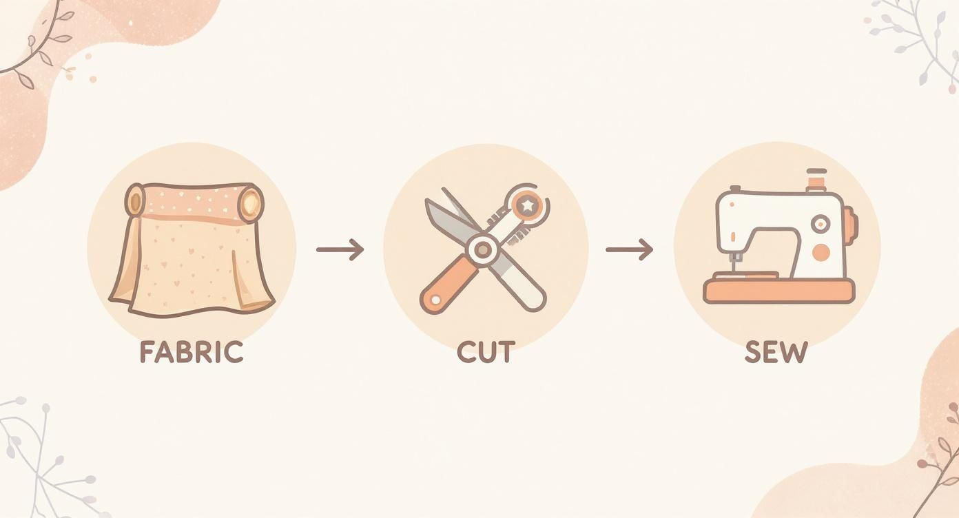 A simple infographic illustrating the fabric sewing process: from raw fabric, to cutting, to sewing.