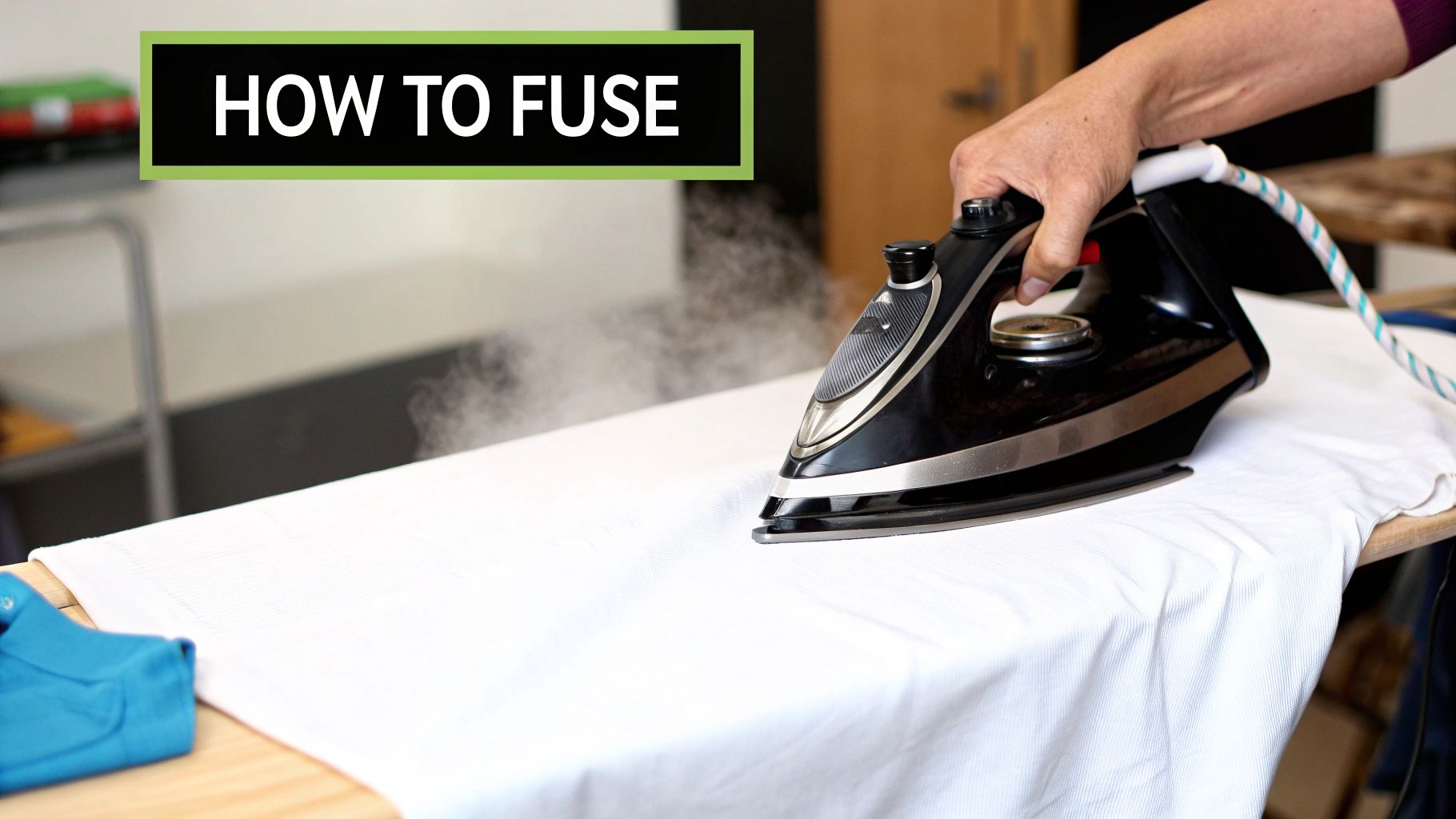 A person uses a black steam iron to fuse white fabric on an ironing board, creating steam.