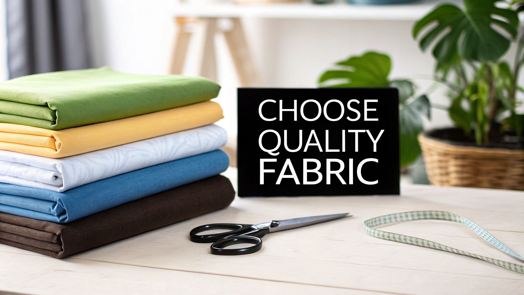 A stack of colorful fabrics, scissors, and a measuring tape on a table next to a sign that says 'CHOOSE QUALITY FABRIC'.