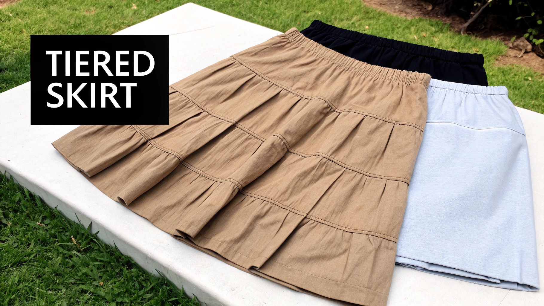 Three comfortable elastic-waist skirts, including a tan tiered skirt, a black skirt, and a light blue skirt, on a white surface.