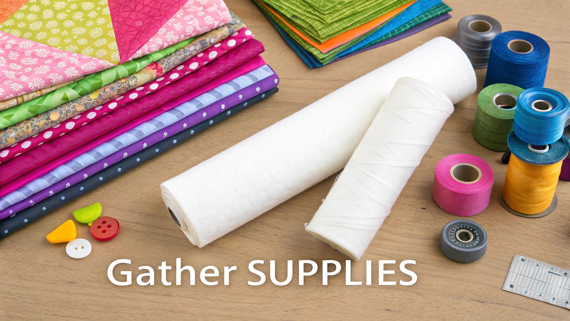 A vibrant collection of fabrics, threads, and quilting tools neatly arranged on a work table.