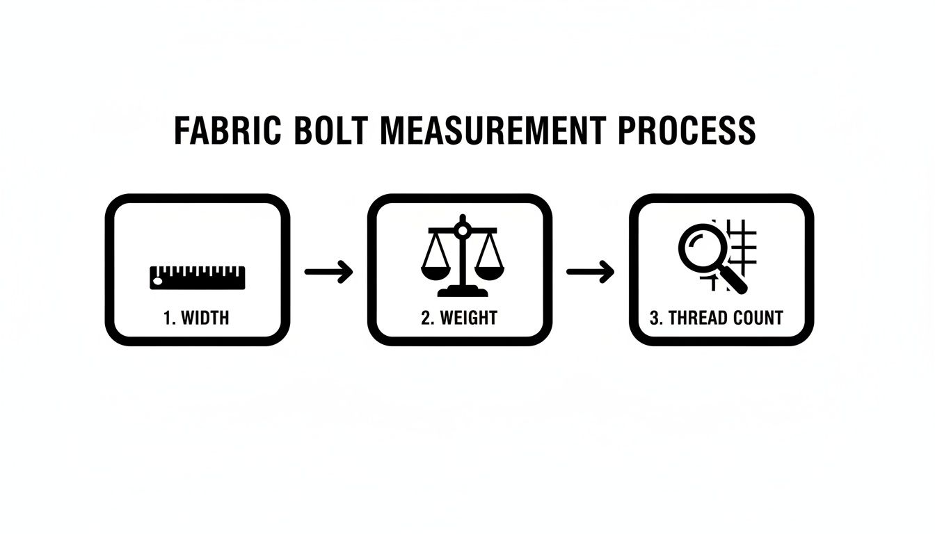 Diagram illustrating the fabric bolt measurement process, including width, weight, and thread count.