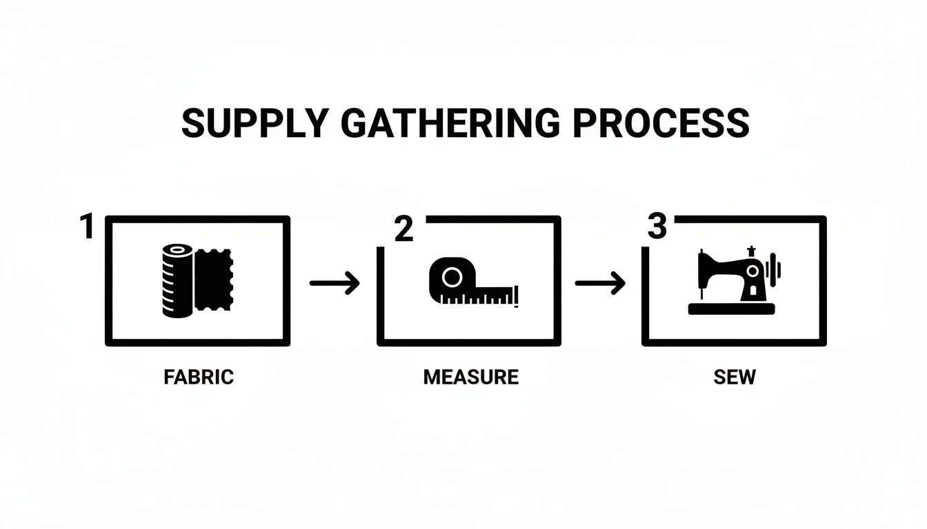 A three-step diagram illustrating the supply gathering process: fabric, measure, and sew for crafting.