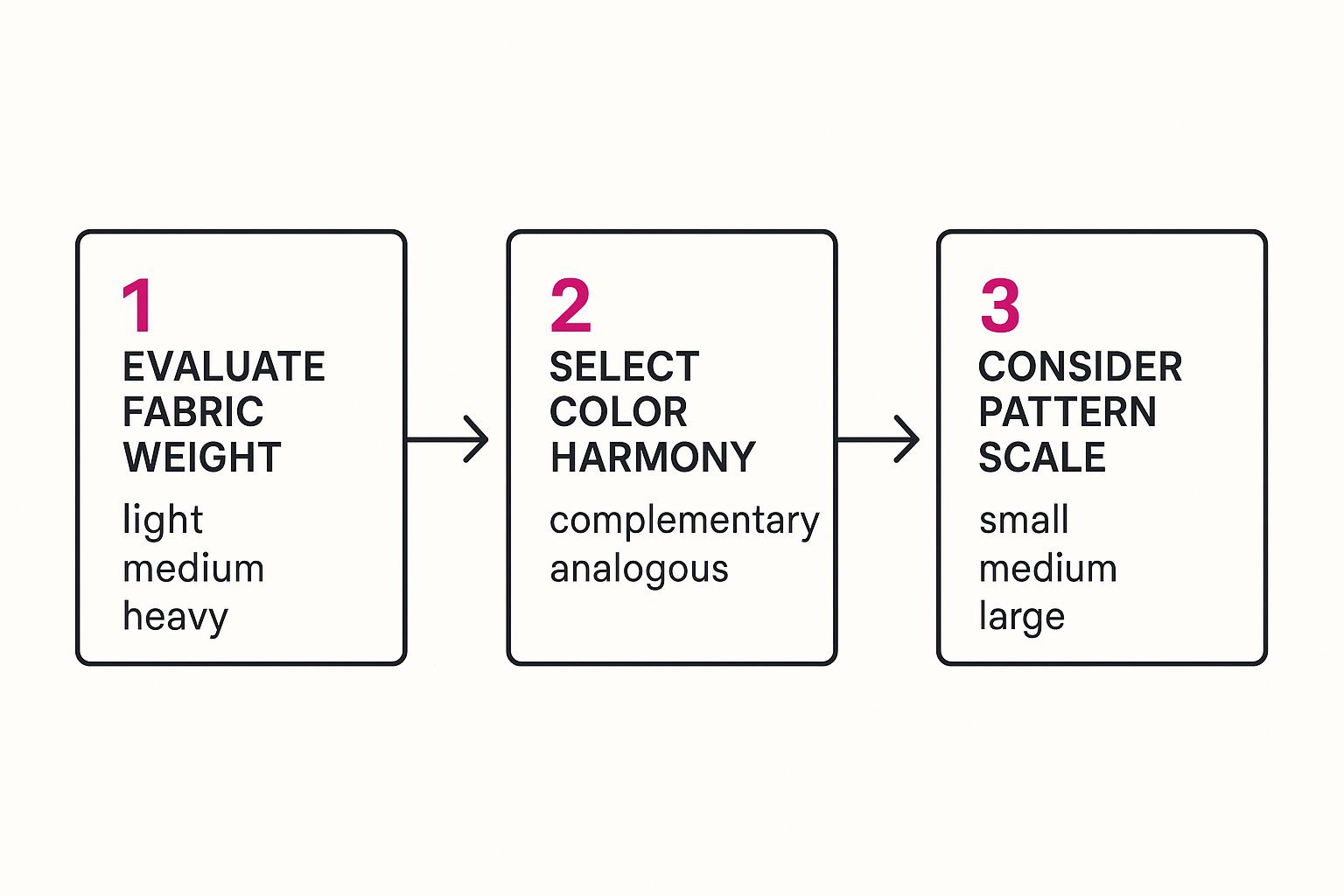 An infographic illustrating a three-step process for fabric selection: evaluating fabric weight, selecting color harmony, and considering pattern scale.